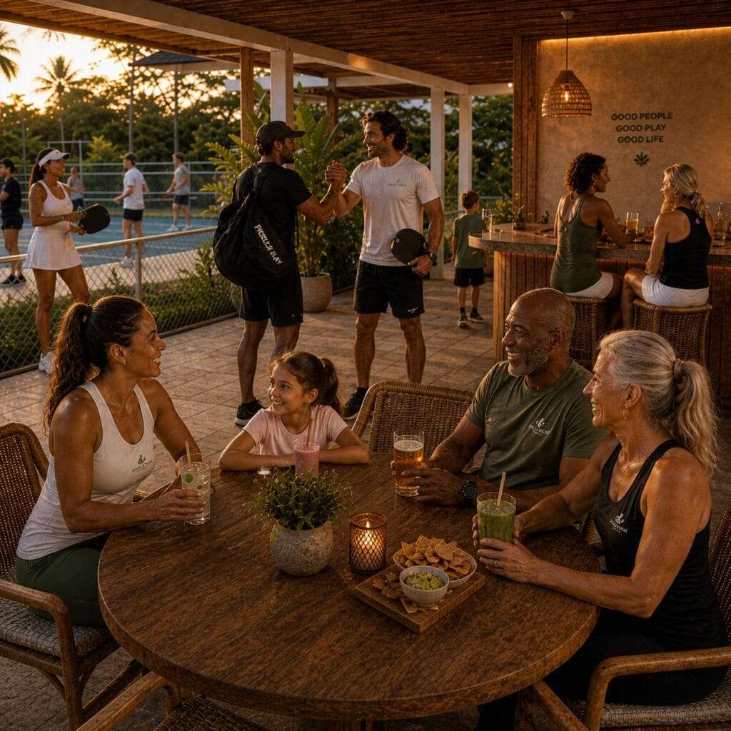 Friends and family around a table with drinks while others play on the courts behind them