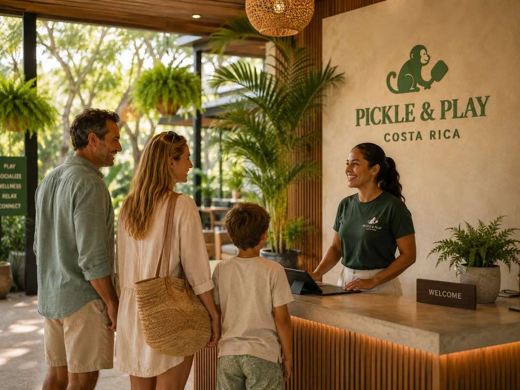 Family checking in at tropical resort reception desk