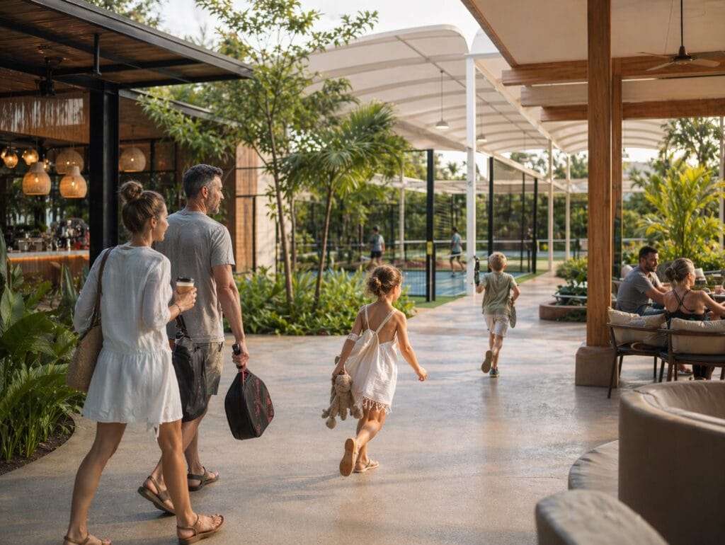 A family walking through the club's open-air courtyard, with the courts and cafe beyond
