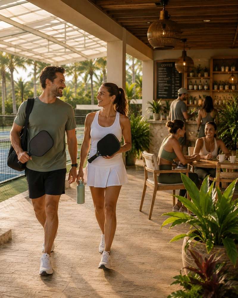Couple with pickleball paddles walking past café