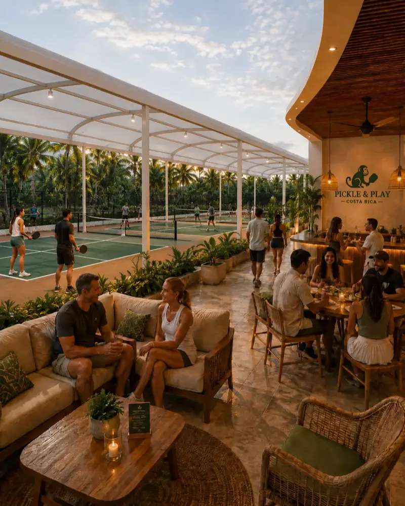 Outdoor pickleball courts beside tropical restaurant bar