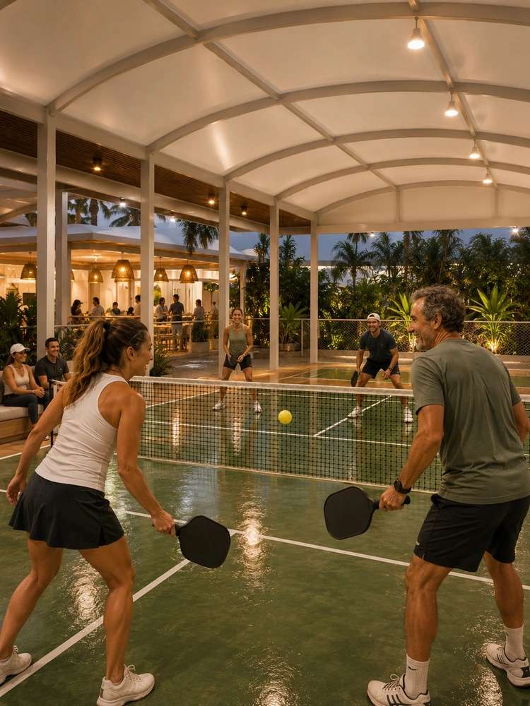 Two couples playing pickleball on covered outdoor court