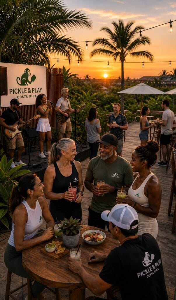 A live band playing on an outdoor stage while guests chat with drinks