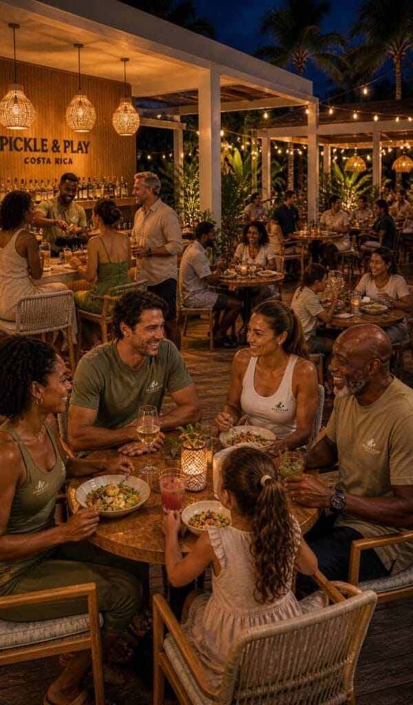 Friends laughing over dinner at a busy restaurant terrace