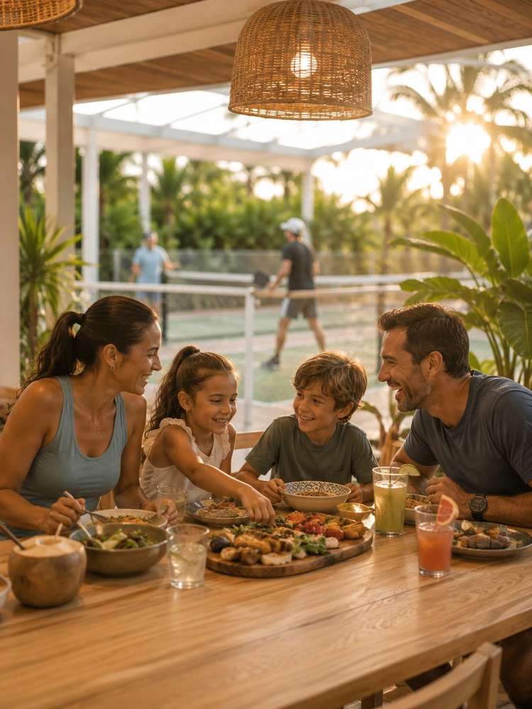 Family enjoying dinner on patio near tennis court