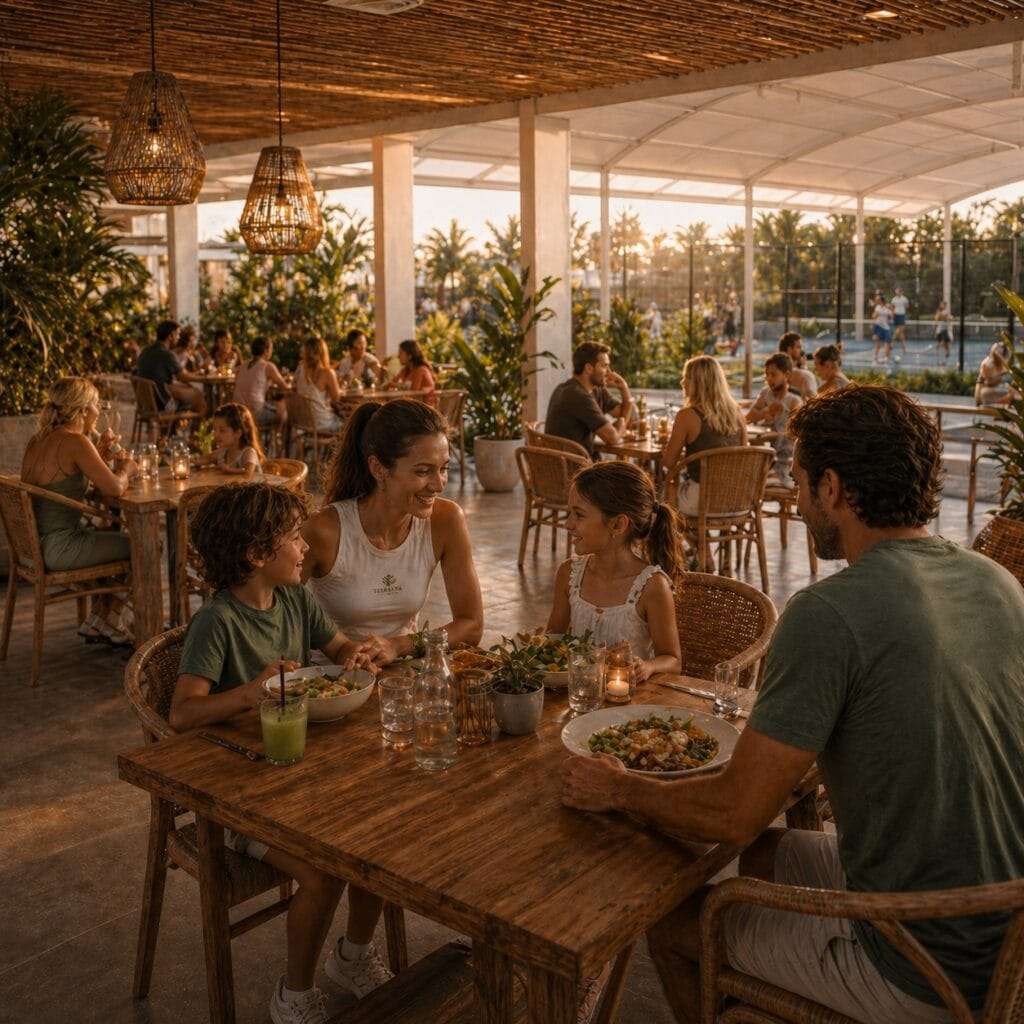 A family sharing a meal on the restaurant terrace overlooking the courts