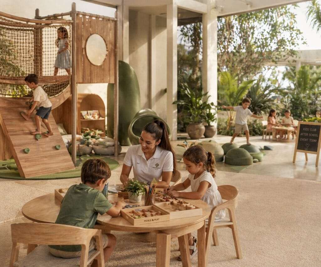 Children doing a craft activity with a staff member beside a wooden climbing frame