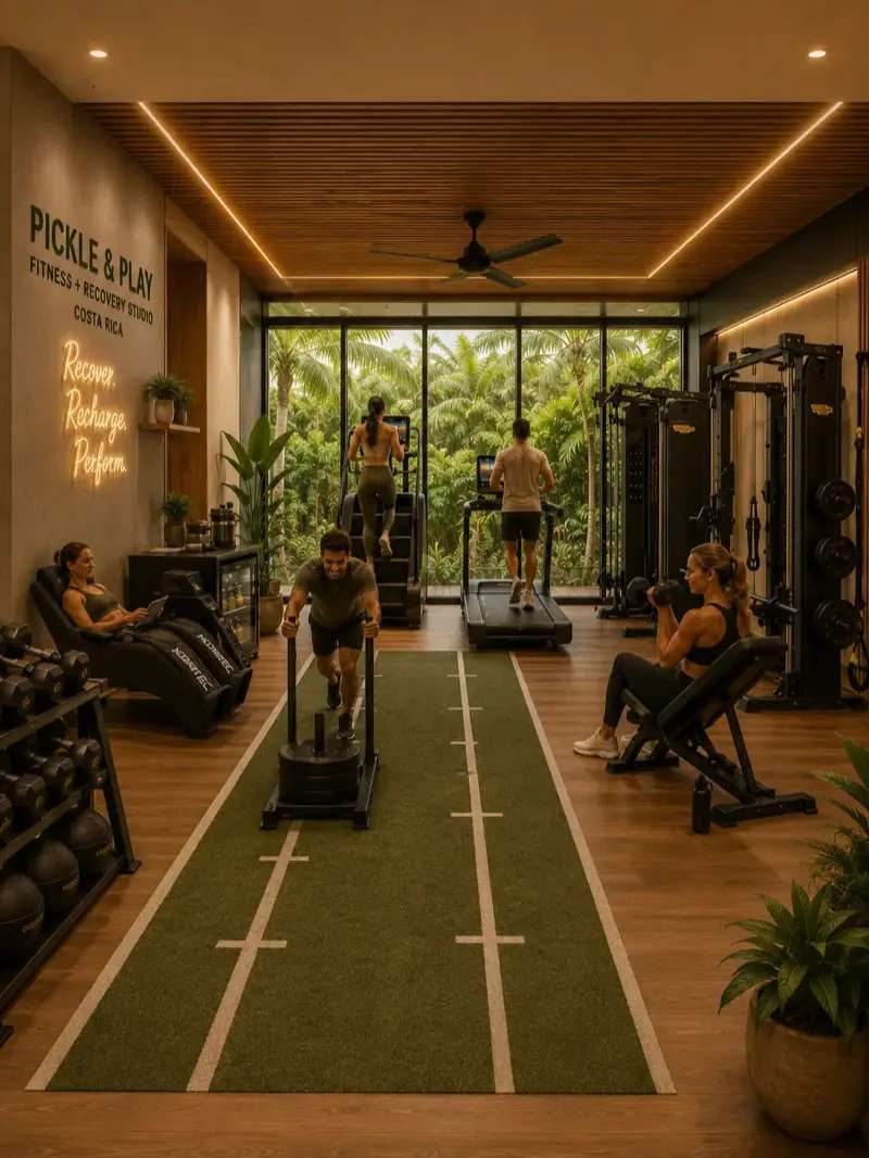 Modern gym with people exercising and tropical view