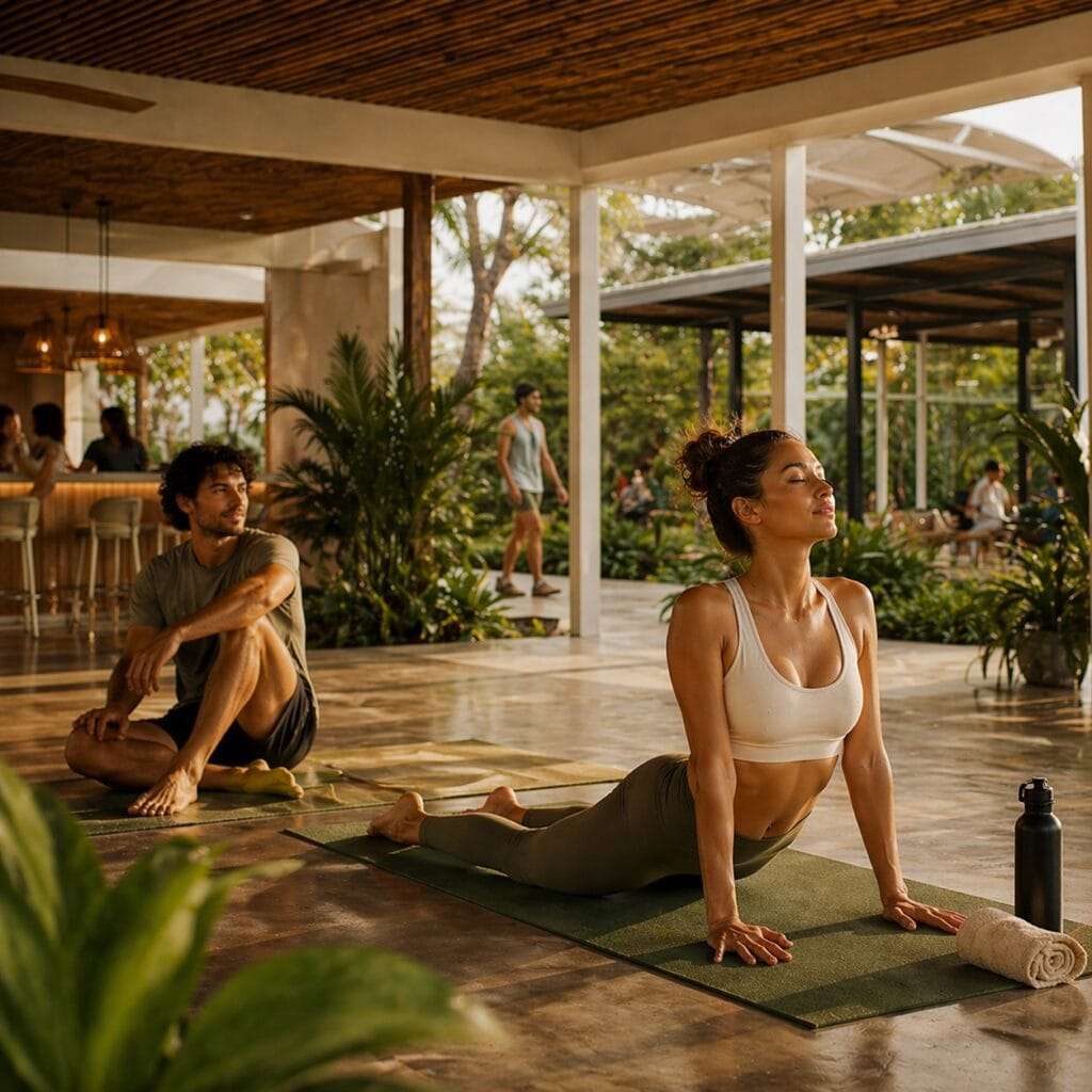 A man and a woman stretching on yoga mats on an open terrace