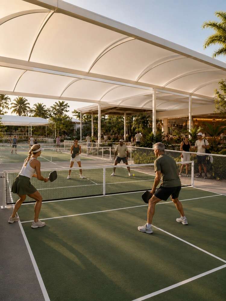 People playing pickleball on outdoor covered court