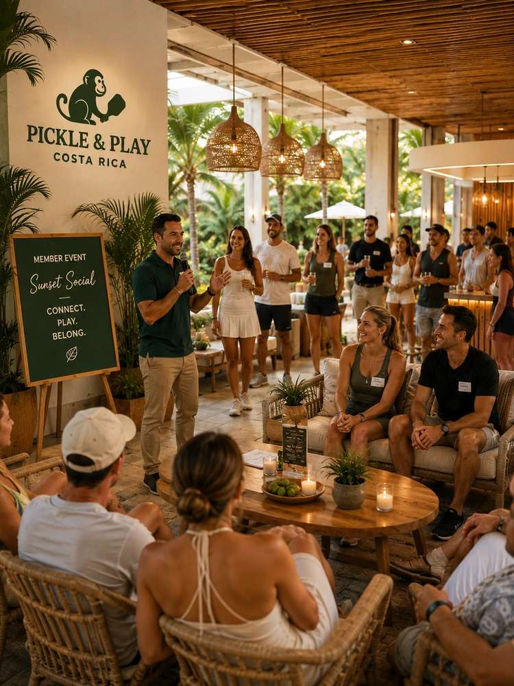 Man speaking at tropical member social event