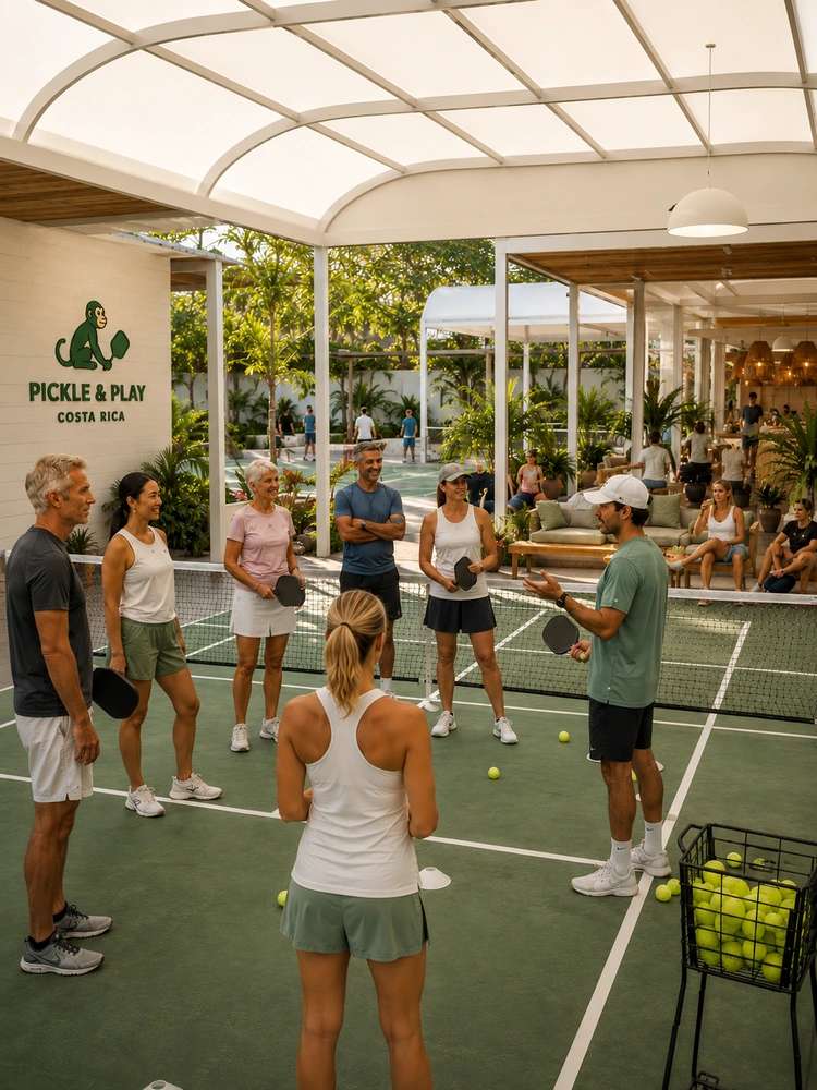 Group pickleball lesson at covered Costa Rica court