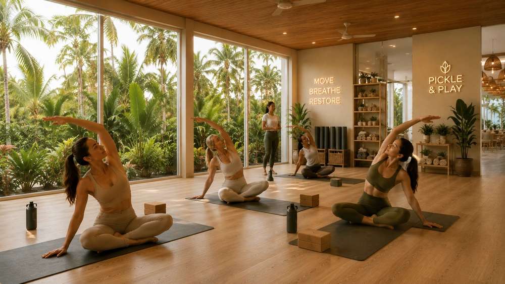 Women practicing yoga in tropical studio with windows