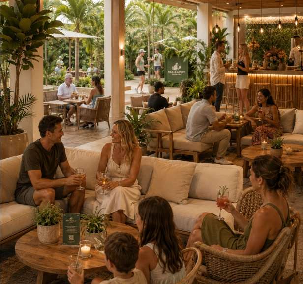 Guests unwind with cocktails at a stylish tropical resort lounge. Warm lighting and lush greenery create a relaxed, inviting atmosphere.