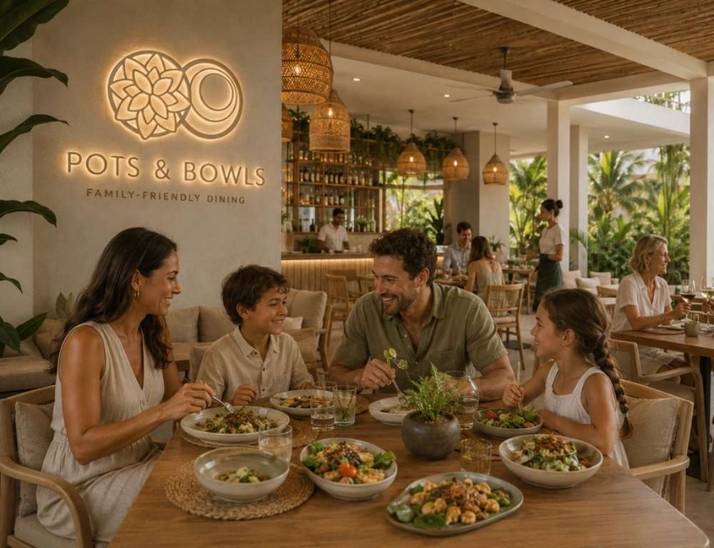 Family dining together at tropical restaurant.