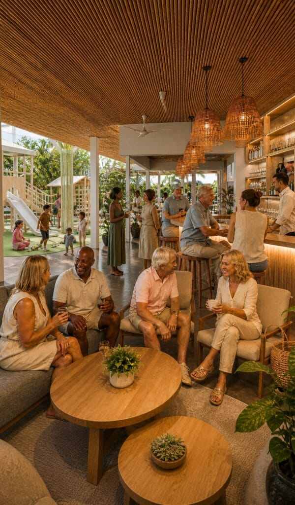 Friends talking over drinks in the club lounge, with a kids play area in the background