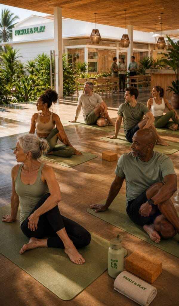 A group stretching and doing yoga on mats in an open wellness studio