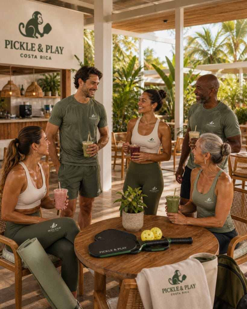 Friends in club shirts holding fresh smoothies and chatting at a juice bar